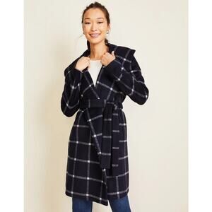 ANN TAYLOR Windowpane Shawl Collar Wrap Coat Navy Long Sleeve Women's XS